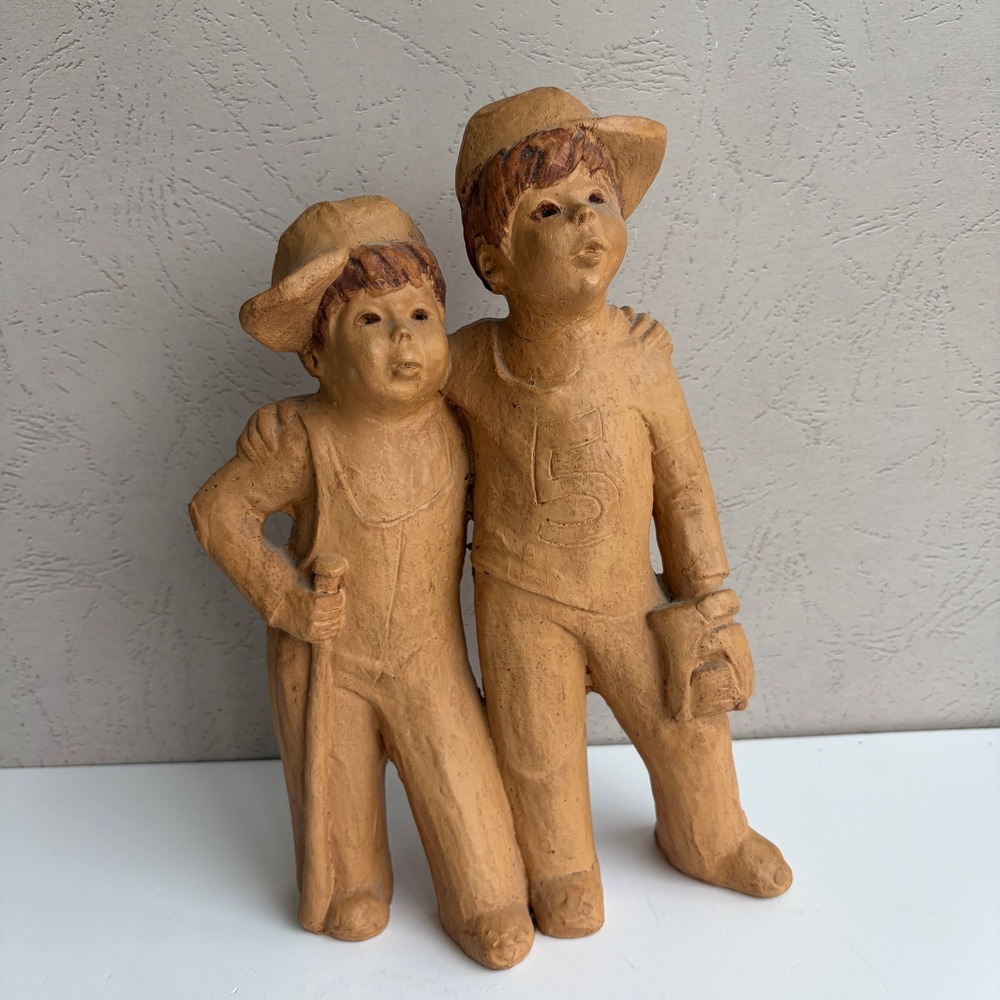 Vintage LB Signed Terracotta Clay Baseball Boys Sculpture Figurine 11 Inch